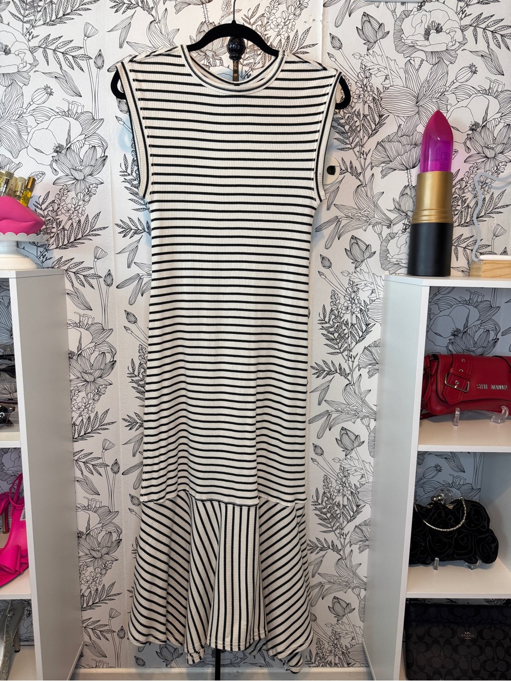 Sleeveless Black & White Striped open-back Dress
